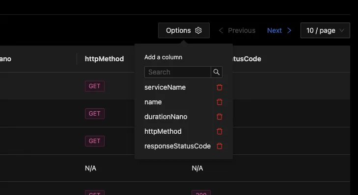 Customize columns in list view